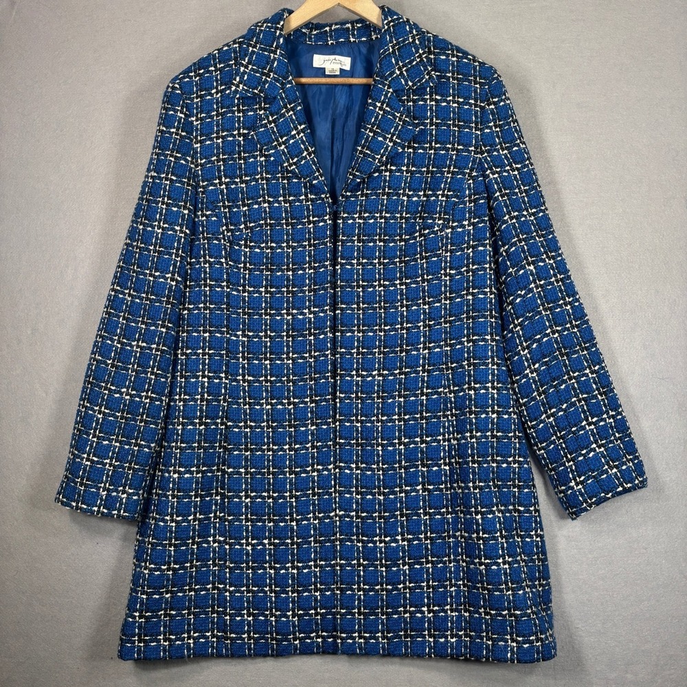 Vtg Josephine Essentials Plaid Longline Blazer Jacket Size 14 Blue Black Lined